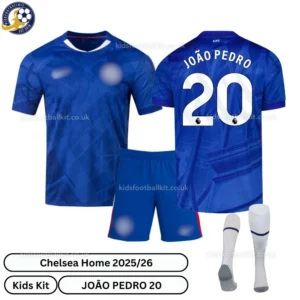 Chelsea JOAO PEDRO 20 Home 25 26 Kids Football Kit-over view with socks-blur