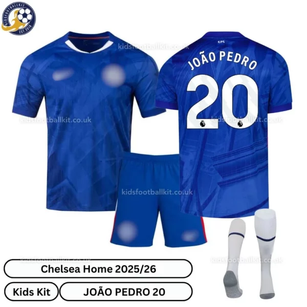 Chelsea JOAO PEDRO 20 Home 25 26 Kids Football Kit-over view with socks-blur