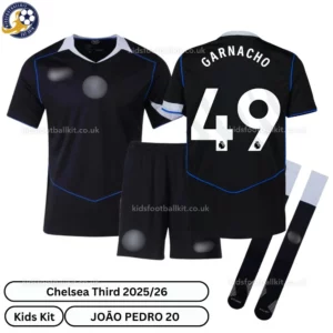 Chelsea GARNACHO 49 Third 25 26 Kids Football Kit-over view with socks-blur