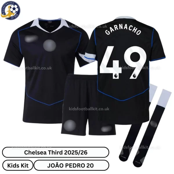Chelsea GARNACHO 49 Third 25 26 Kids Football Kit-over view with socks-blur