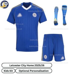 Leicester City Home Kids Football Kit 25_26-front view with socks