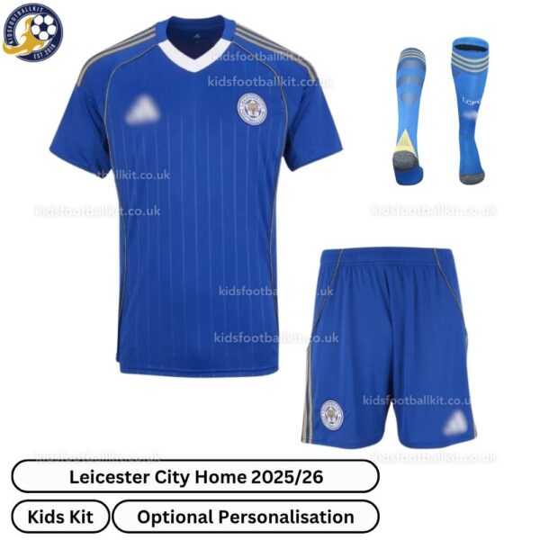 Leicester City Home Kids Football Kit 25_26-front view with socks