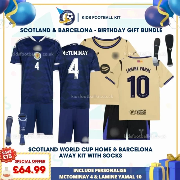 Scotland home and Barcelona away Kids Football Kit 25_26 - MCTOMINAY 4 and LAMINE YAMAL 10