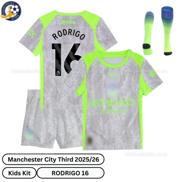 Manchester City RODRIGO 16 Third 25 26 Kids Football Kit-over view