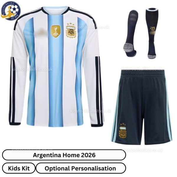 Argentina Home Kids Football Kit 2026 - Long sleeve - front view with socks