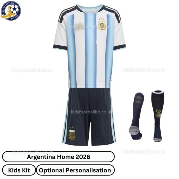 Argentina Home Kids Football Kit 2026_ front view with socks