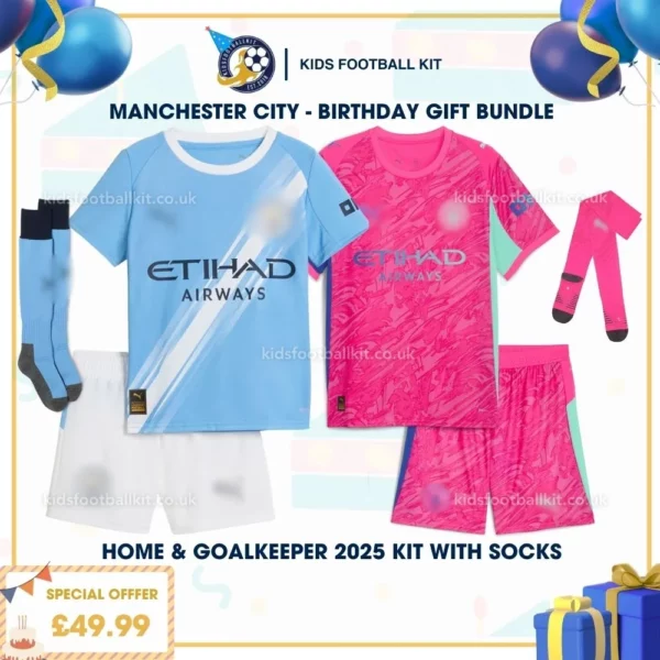 Manchester City home & Goalkeeper Kids Football Kit 25_26 - birthday