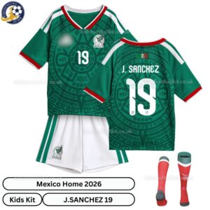 Mexico J.SANCHEZ 19 Home 2026 Kids Football Kit-over view with socks