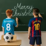 SSC Napoli and Barcelona home Kids Football Kit 25_26 - MCTOMINAY 8 and LAMINE YAMAL 10 - image