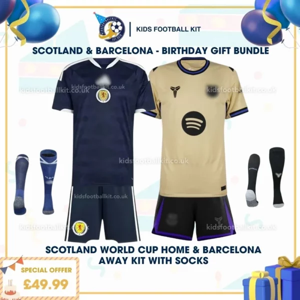 Scotland home and Barcelona away Kids Football Kit 25_26 - birthday