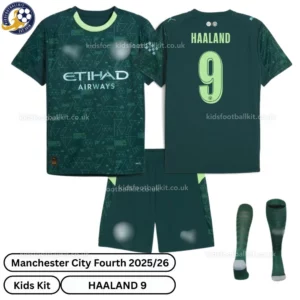 Manchester City Fourth Kids Football Kit 25_26 - HAALAND 9 - over view with socks