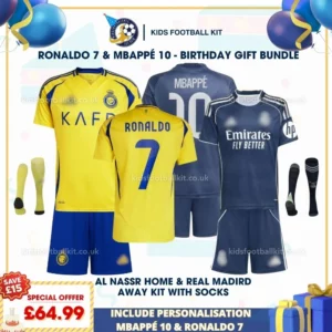 Al Nassr home & Real Madrid away Kids Football Kit 25_26 - RONALDO 7 & MBAPPÉ 10