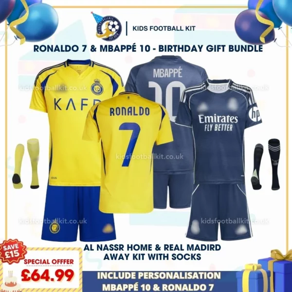 Al Nassr home & Real Madrid away Kids Football Kit 25_26 - RONALDO 7 & MBAPPÉ 10