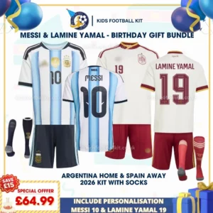 Argentina and Spain home kids kits 2026- MESSI 10 and LAMINE YAMAL 19
