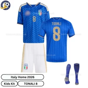 Italy World Cup Home Kids Football Kit 2026- TONALI 8 over view with socks