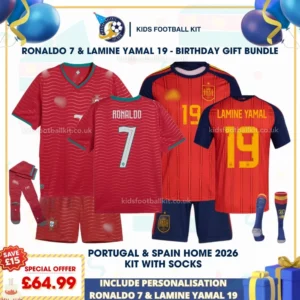 Portugal and Spain World Cup Home Kids Football Kit 2026 with socks_RONALDO 7 and LAMINE YAMAL 19