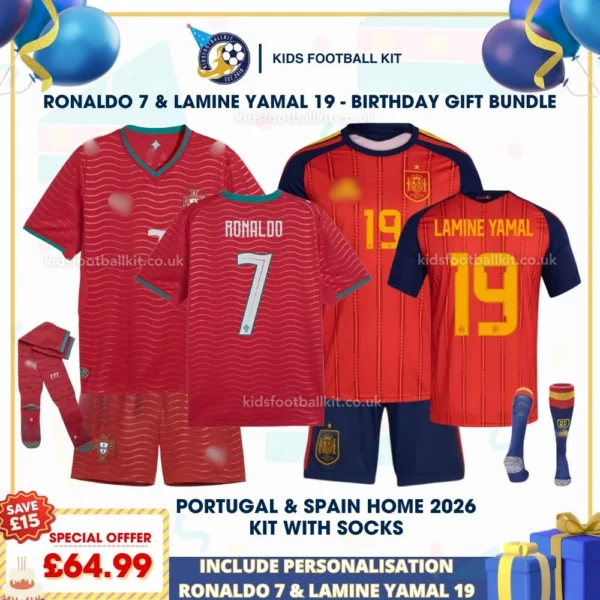 Portugal and Spain World Cup Home Kids Football Kit 2026 with socks_RONALDO 7 and LAMINE YAMAL 19