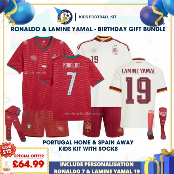 Portugal home and SPAIN away kids kits 2026-RONALDO 7 and LAMINE YAMAL 19