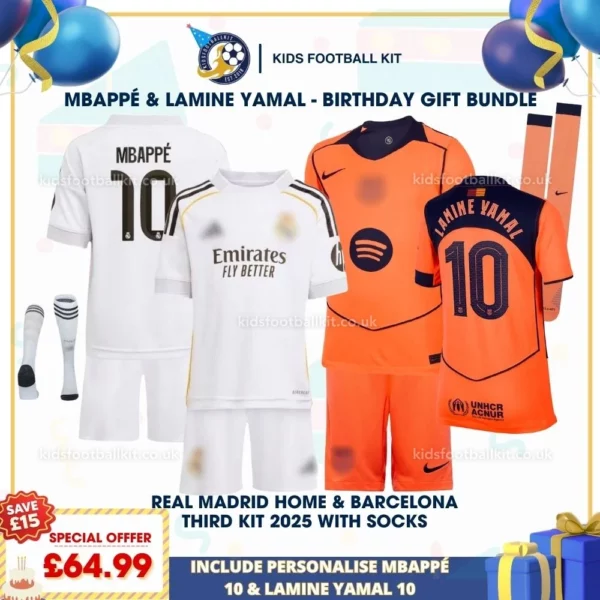 Real Madrid Home& Barcelona Third Kids Kit 25_26 - MBAPPÉ 10 & LAMINE YAMAL 10