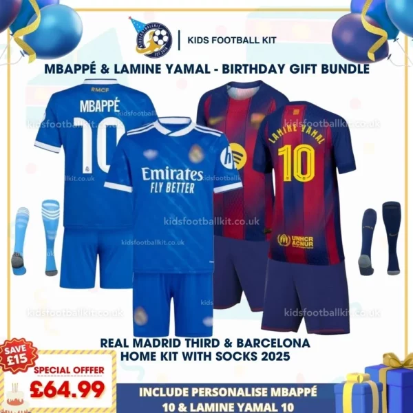Real Madrid Third & Barcelona Home Kids Kit 25_26 - MBAPPÉ 10 & LAMINE YAMAL 10