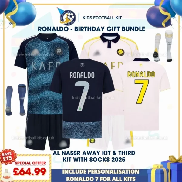 Ronaldo Al Nassr away & third kids football kit 25_26-over view