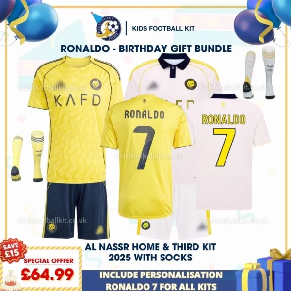Ronaldo Al Nassr home & third kids football kit 25_26-over view