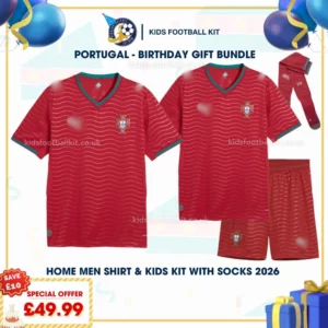 Portugal World Cup 2026 Birthday Gift Pack – Home Dad and Son Kids Football Kit 2026 (With socks)