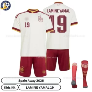 Spain Away Kids Kit 2026-over view with socks-LAMINE YAMAL 19