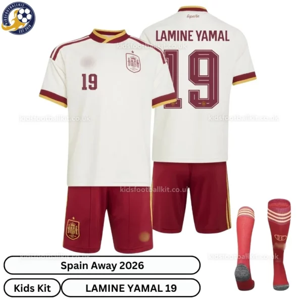 Spain Away Kids Kit 2026-over view with socks-LAMINE YAMAL 19