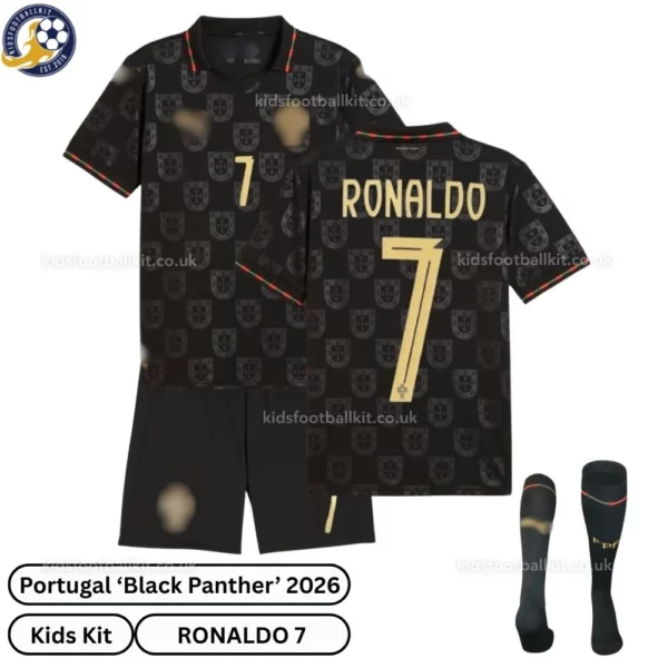 Portugal Black Panther Kids Kit 2026_over view with socks_RONALDO 7