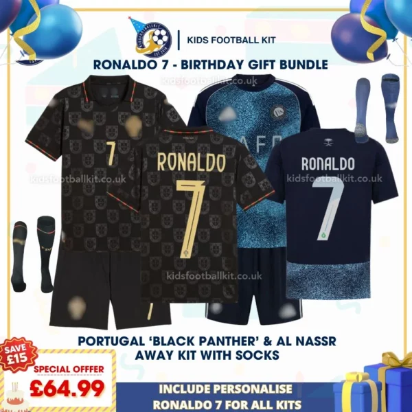 Portugal Black Panther and Al Nassr away Kids Kit 2026 with socks_RONALDO7