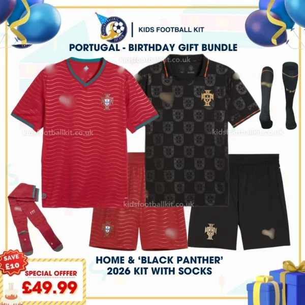 Portugal World Cup Home and Black Panther Kids Kit 2026 with socks