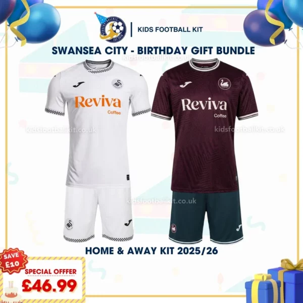 Swansea City home and away kids kits 2025_26