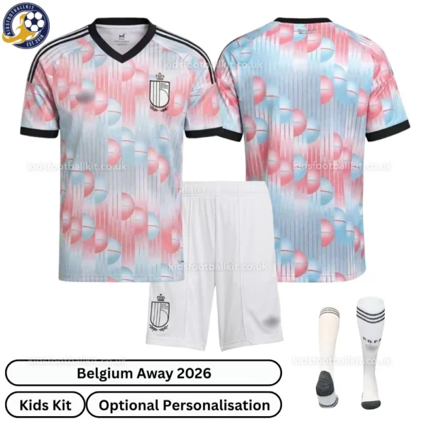 Belgium away kids kit 2026-over view with socks