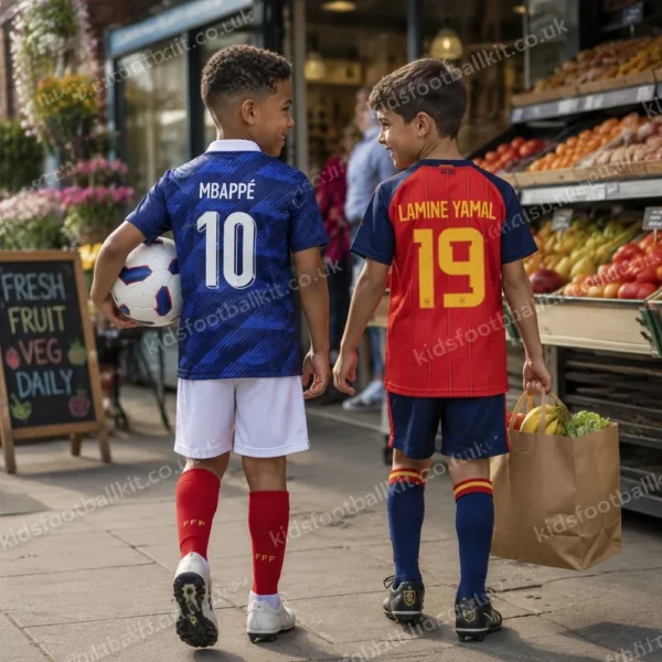 France and Spain Birthday Gift Pack – World Cup 2026 Home Kids Football Kit – MBAPPÉ 10 and LAMINE YAMAL 19 (With socks)-image
