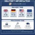 Kids Football Kit UK delivery times - UK 7-12 days, Germany 9-13 days, USA 11-18 days, EU 10-20 working days