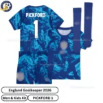 England Goalkeeper men and kids kit 2026-over view with socks- PICKFORD 1
