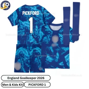 England Goalkeeper men and kids kit 2026-over view with socks- PICKFORD 1