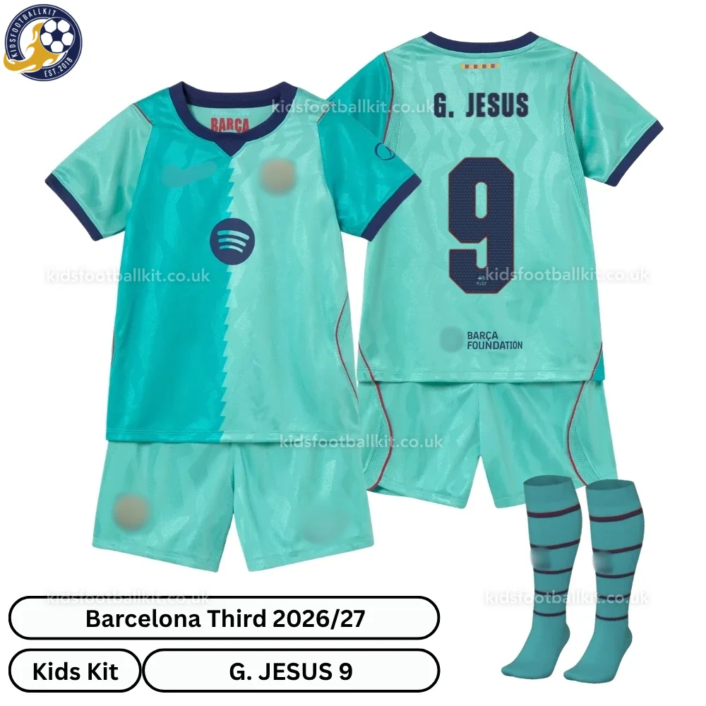 Barcelona Third Kids Football Kit 2026/27 – G. JESUS 9 (With Socks)