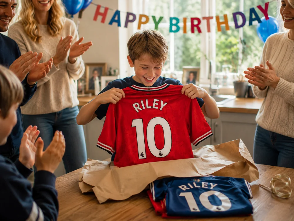 Child opening a personalised Kids Football Kit gift pack