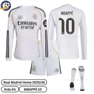 Real Madrid home kids kit 25_26-over view-long sleeve-MBAPPÉ 10