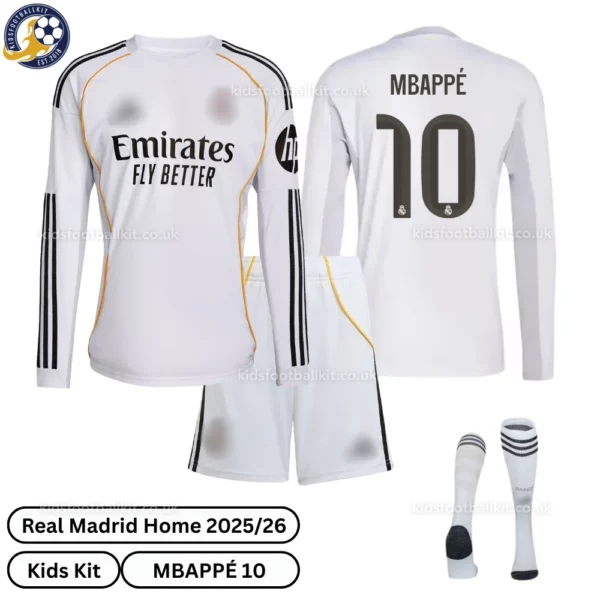 Real Madrid home kids kit 25_26-over view-long sleeve-MBAPPÉ 10