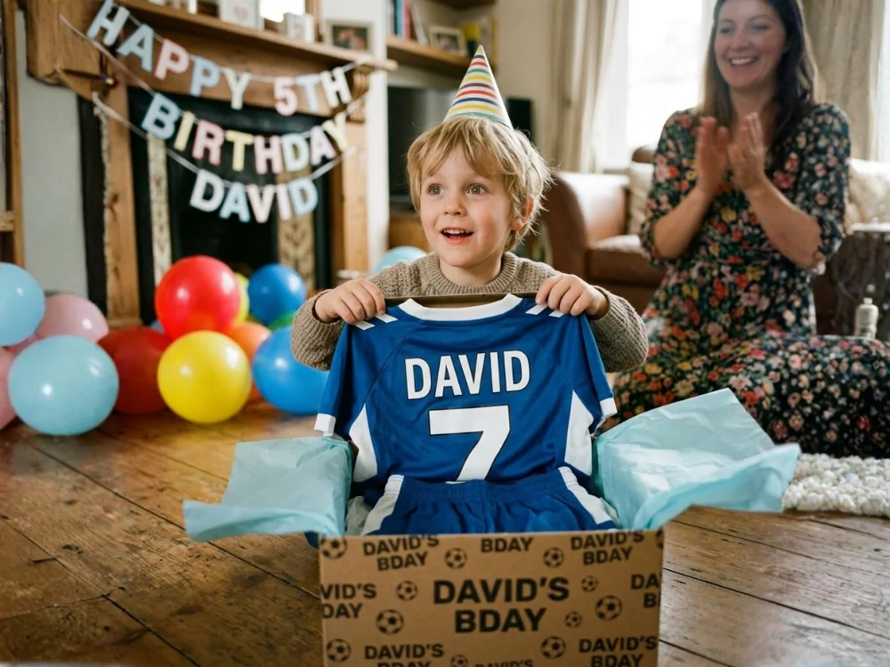 Parent giving a football gift pack to a young football fan