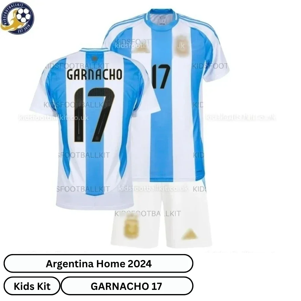 Argentina Home Kids Football Kit 2024 – GARNACHO 17 (No Socks) – White