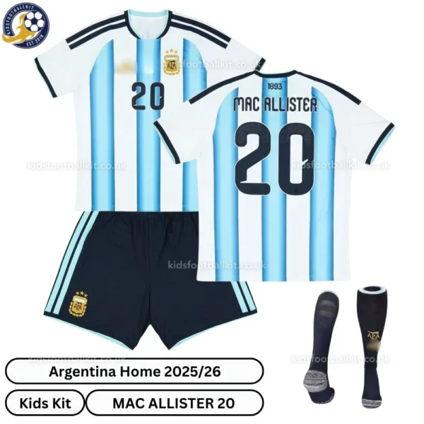 Argentina-MAC-ALLISTER-20-Home-2026-Kids-Football-Kit-over-view-with-socks