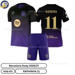 Barcelona Away Kids Kit 26_27-over view-RAPHINHA 11