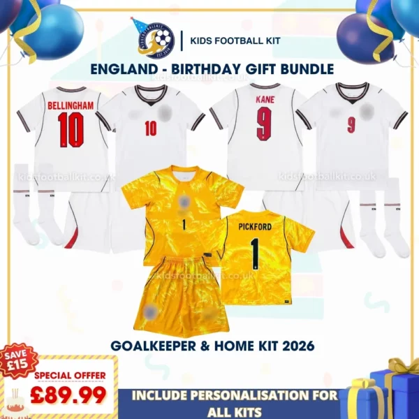 England goalkeeper yellow and home kids kits 2026-PICKFORD 1 BELLINGHAM 10 KANE 9