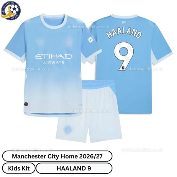 Manchester City Home Kids Kit 26_27-over view-HAALAND 9