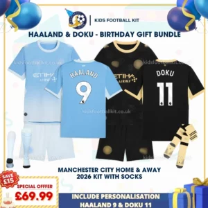 Manchester City home and away kids kits 26_27- HAALAND 9 and DOKU 11