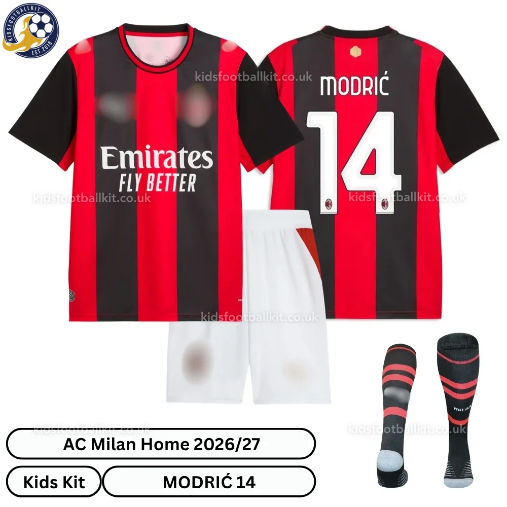 AC Milan Home Kids Football Kit 2026/27 – MODRIĆ 14 (With Socks)